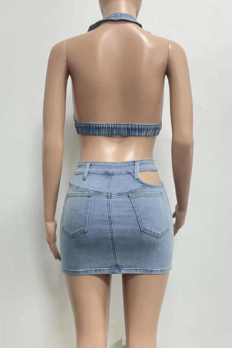 UN0298 Stretch Denim Skirt Set