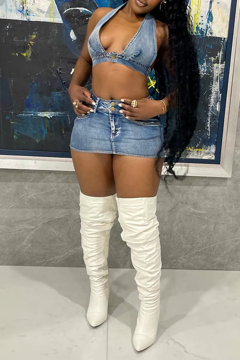 UN0298 Stretch Denim Skirt Set