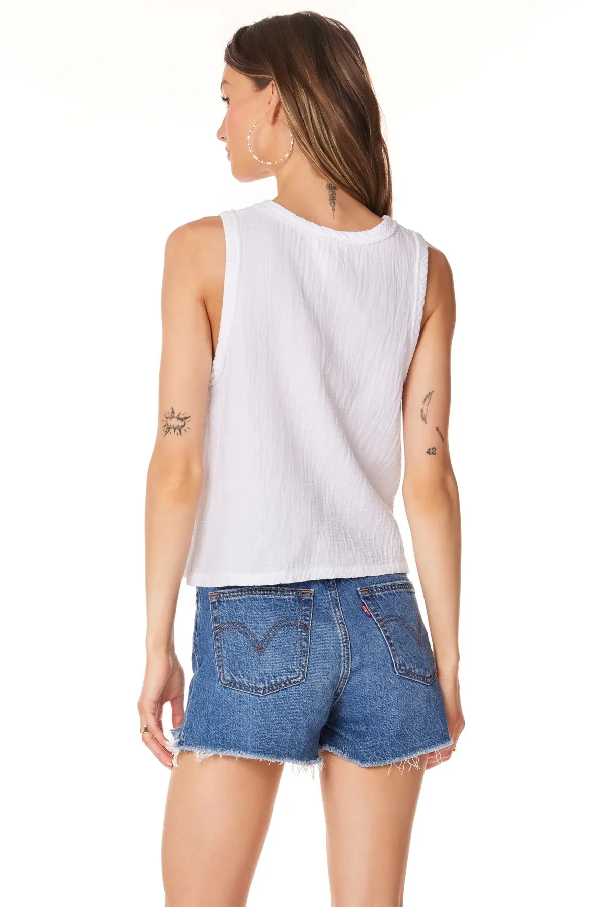 V Neck Raw Edge Tank - White