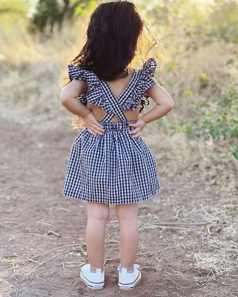 Victoria Ruffle Back Suspender Dress - Black & White Gingham