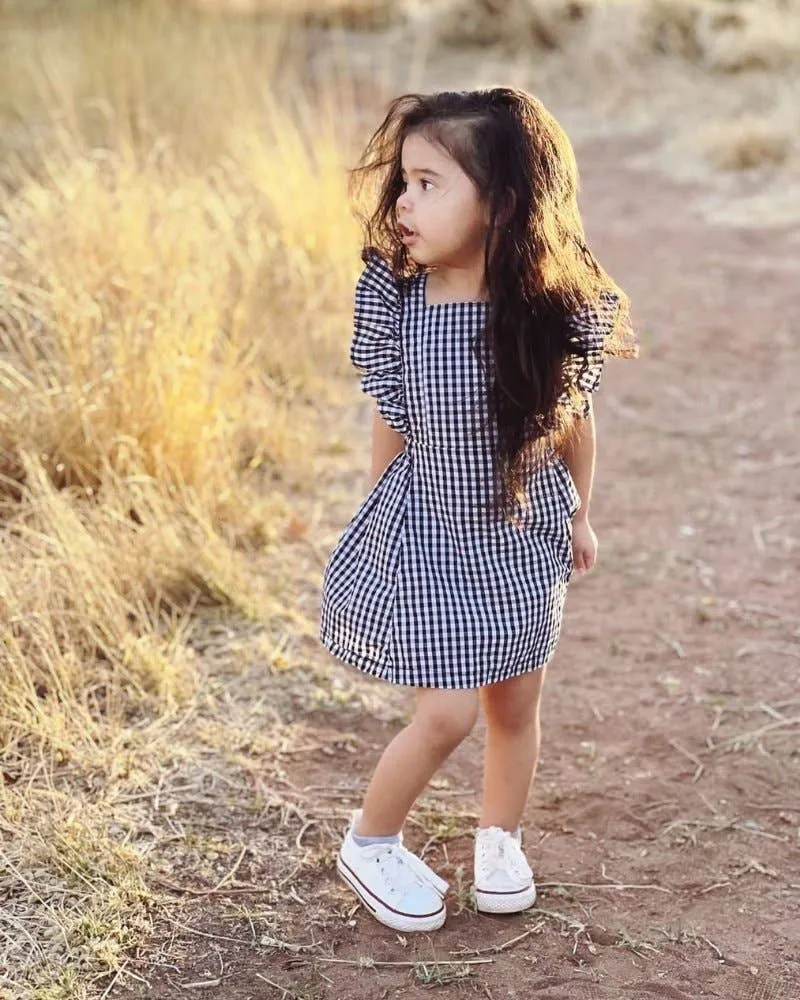 Victoria Ruffle Back Suspender Dress - Black & White Gingham