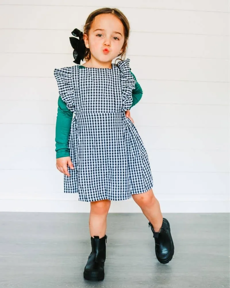 Victoria Ruffle Back Suspender Dress - Black & White Gingham