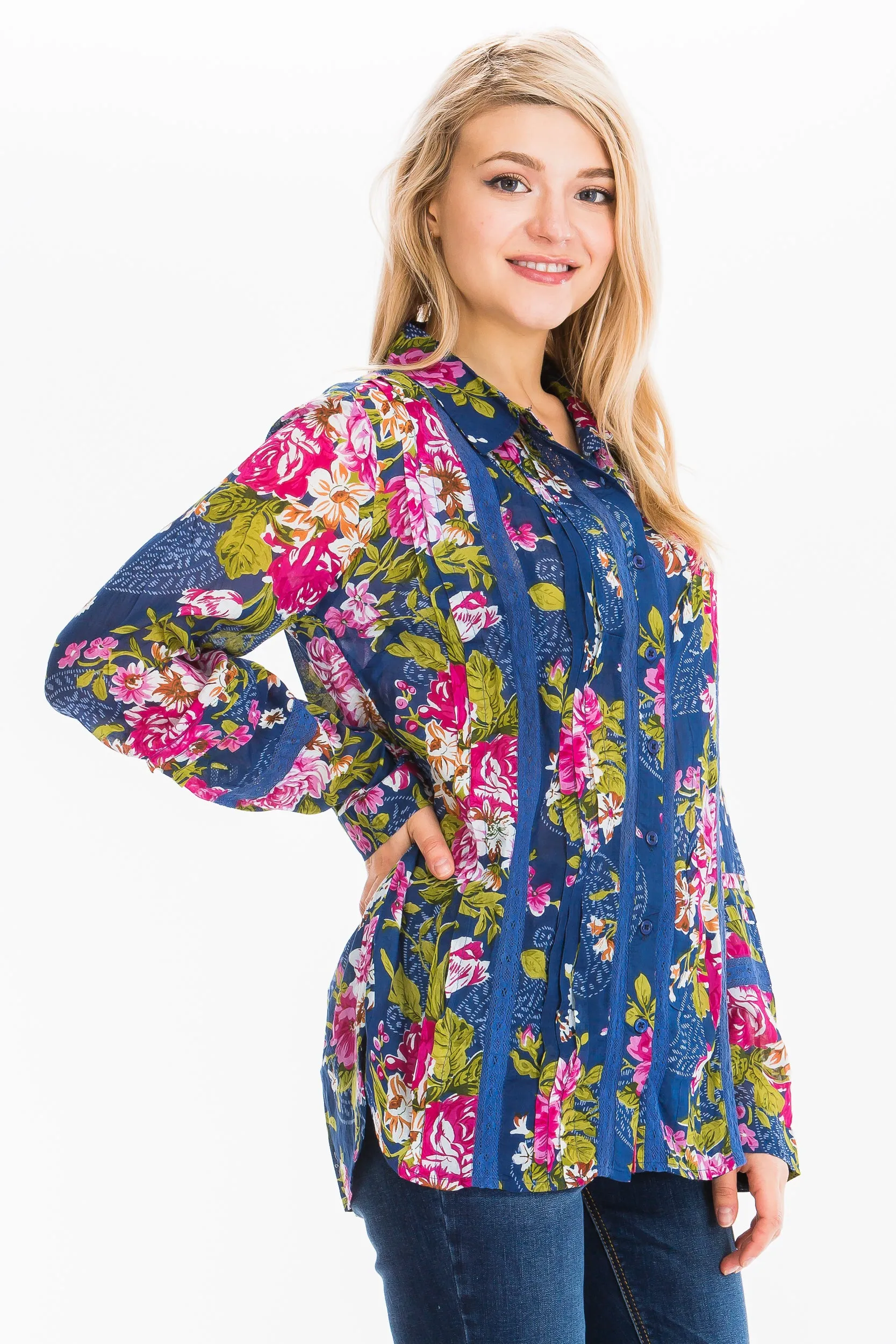 Vintage Floral Shirt with Lace Inserts and Pin Tucks