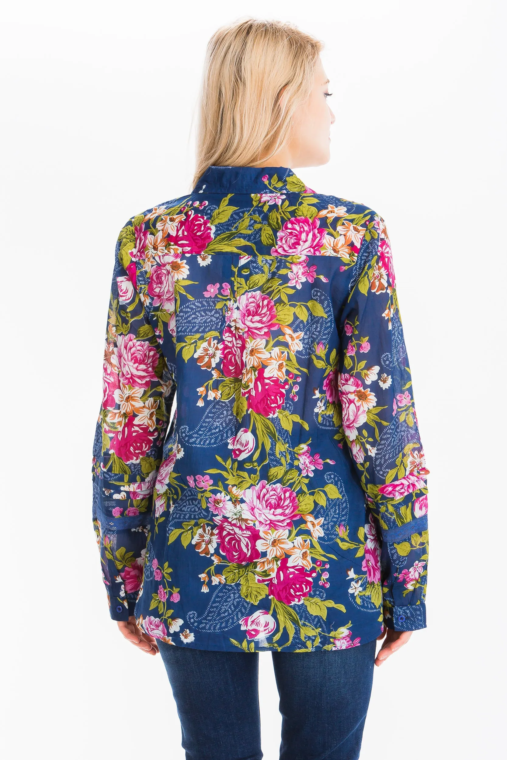 Vintage Floral Shirt with Lace Inserts and Pin Tucks