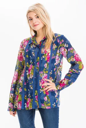 Vintage Floral Shirt with Lace Inserts and Pin Tucks