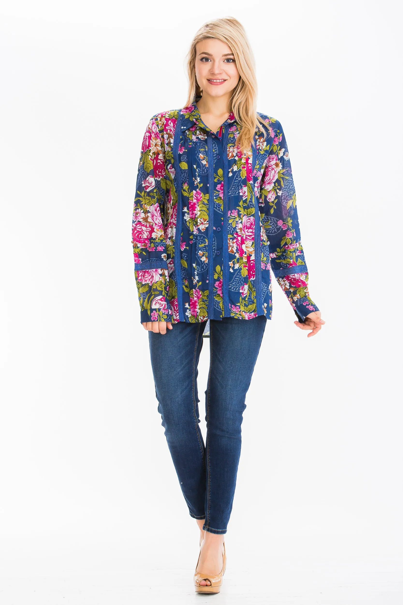 Vintage Floral Shirt with Lace Inserts and Pin Tucks