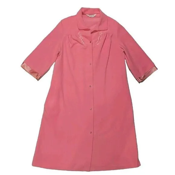 Vintage Vanity‎ Fair Robe 70s Pink Floral Long House Coat Snap Nightgown Small