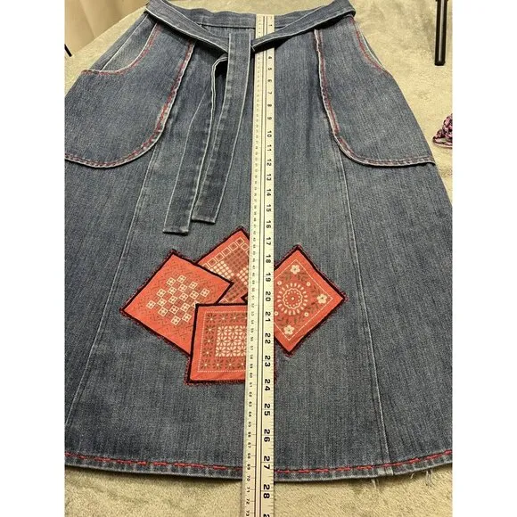 Vtg Handmade 70s Small Med blue Jean denim Wrap Skirt Pockets Bandana Patchwork