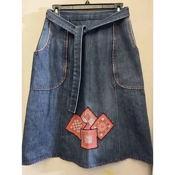 Vtg Handmade 70s Small Med blue Jean denim Wrap Skirt Pockets Bandana Patchwork
