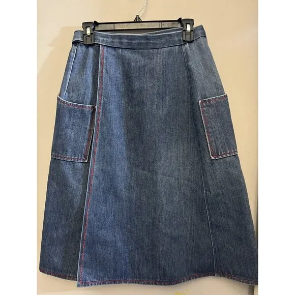 Vtg Handmade 70s Small Med blue Jean denim Wrap Skirt Pockets Bandana Patchwork