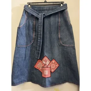 Vtg Handmade 70s Small Med blue Jean denim Wrap Skirt Pockets Bandana Patchwork