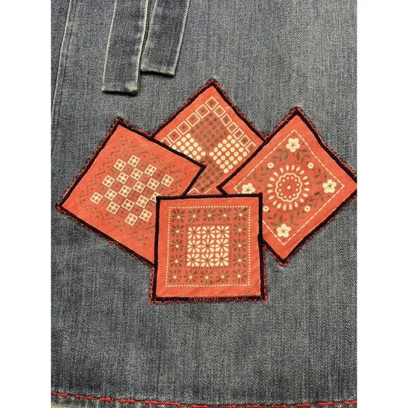 Vtg Handmade 70s Small Med blue Jean denim Wrap Skirt Pockets Bandana Patchwork