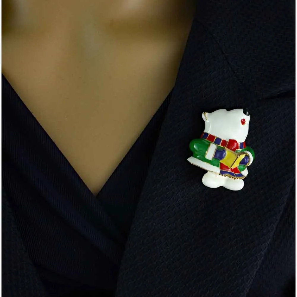 White Enamel Singing Polar Bear Brooch Pin - XP904