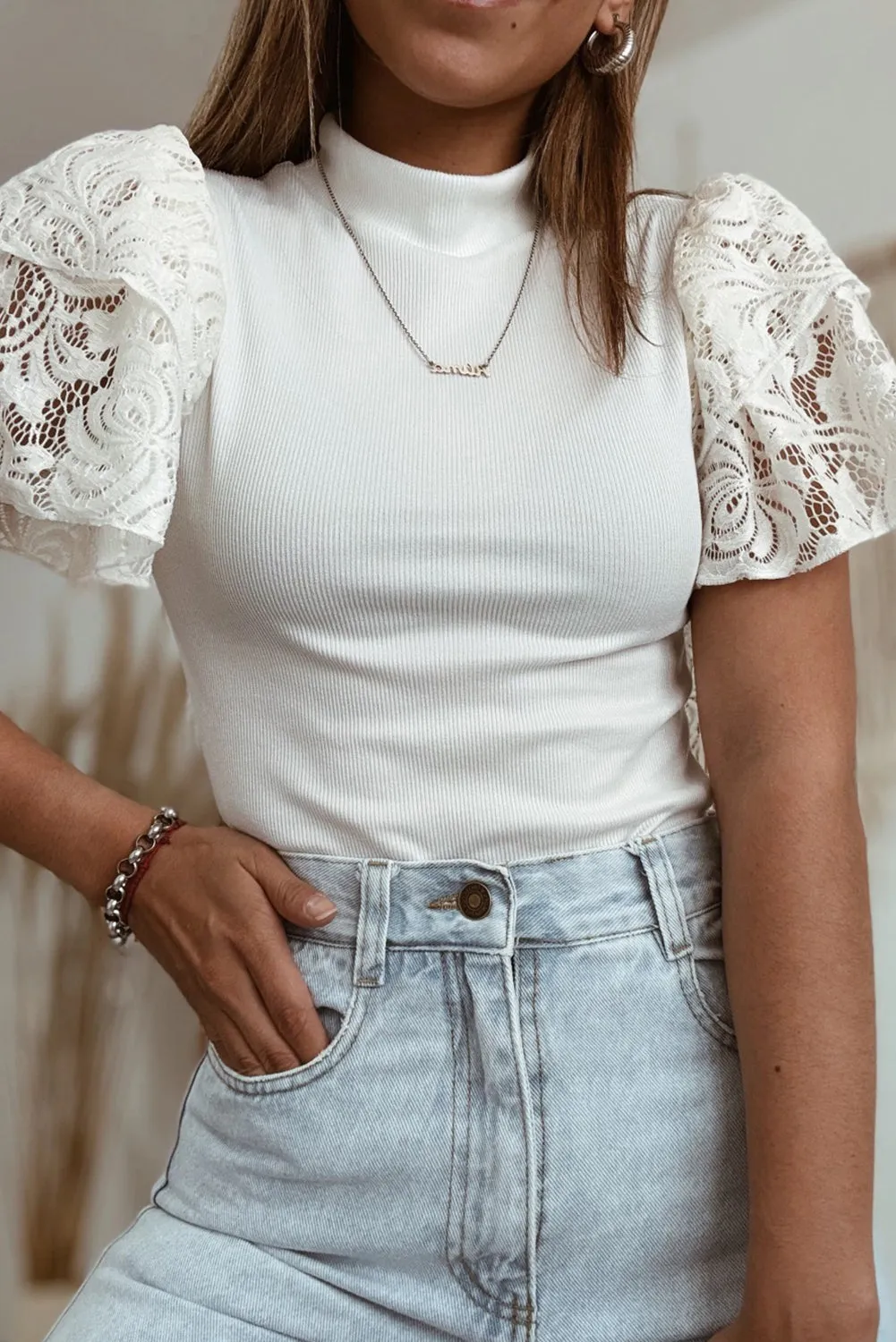 White Lace Crochet Ribbed Knit Tiered Sleeve Mock Neck T Shirt