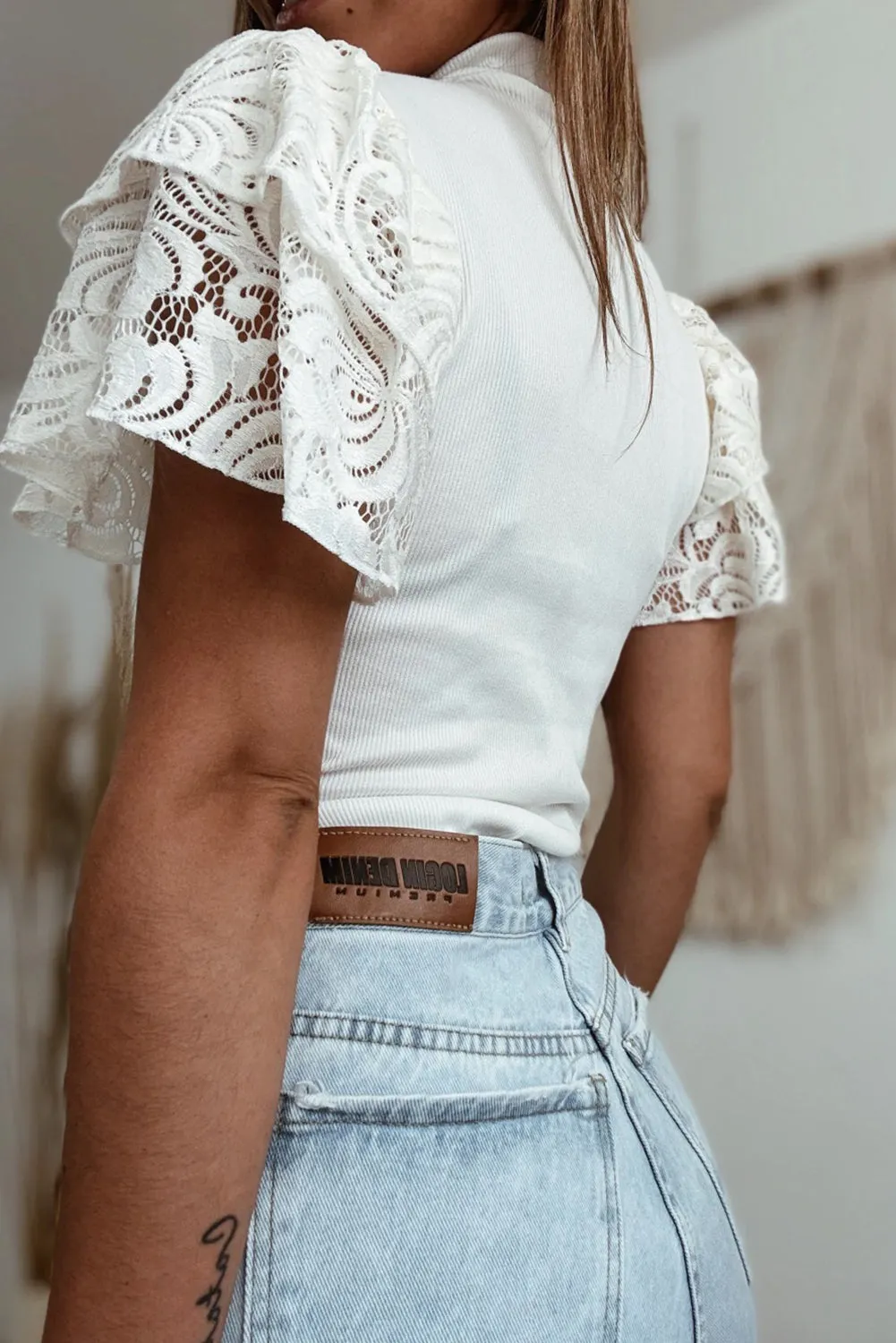 White Lace Crochet Ribbed Knit Tiered Sleeve Mock Neck T Shirt