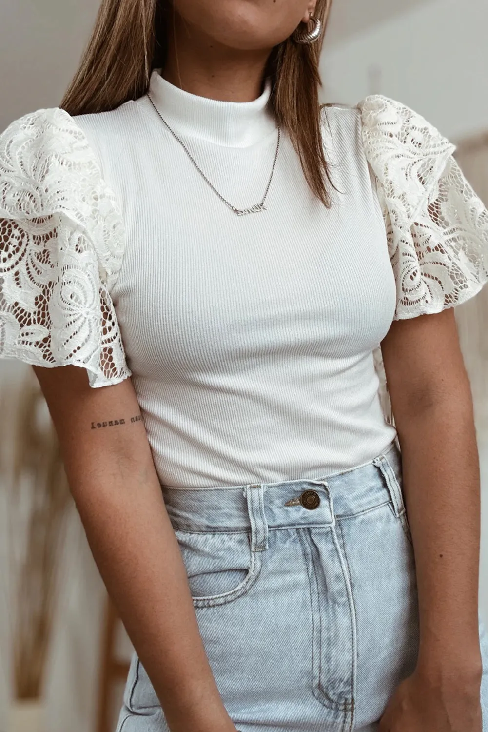 White Lace Crochet Ribbed Knit Tiered Sleeve Mock Neck T Shirt
