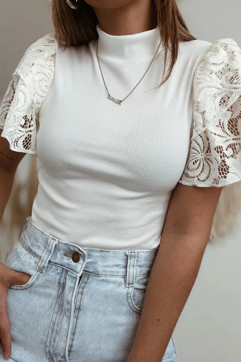 White Lace Crochet Ribbed Knit Tiered Sleeve Mock Neck T Shirt