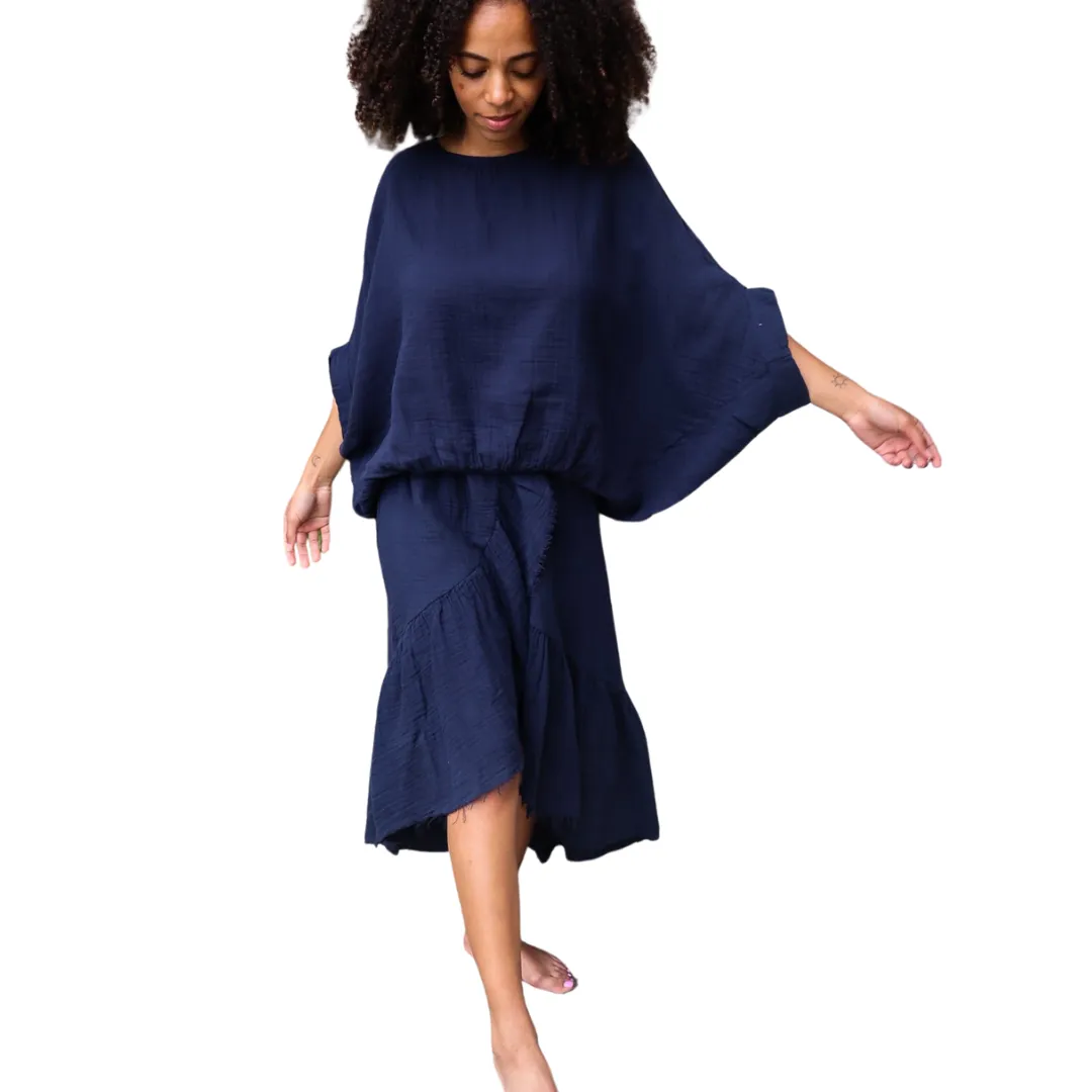 Wide Body Cotton Gauze Top - Navy