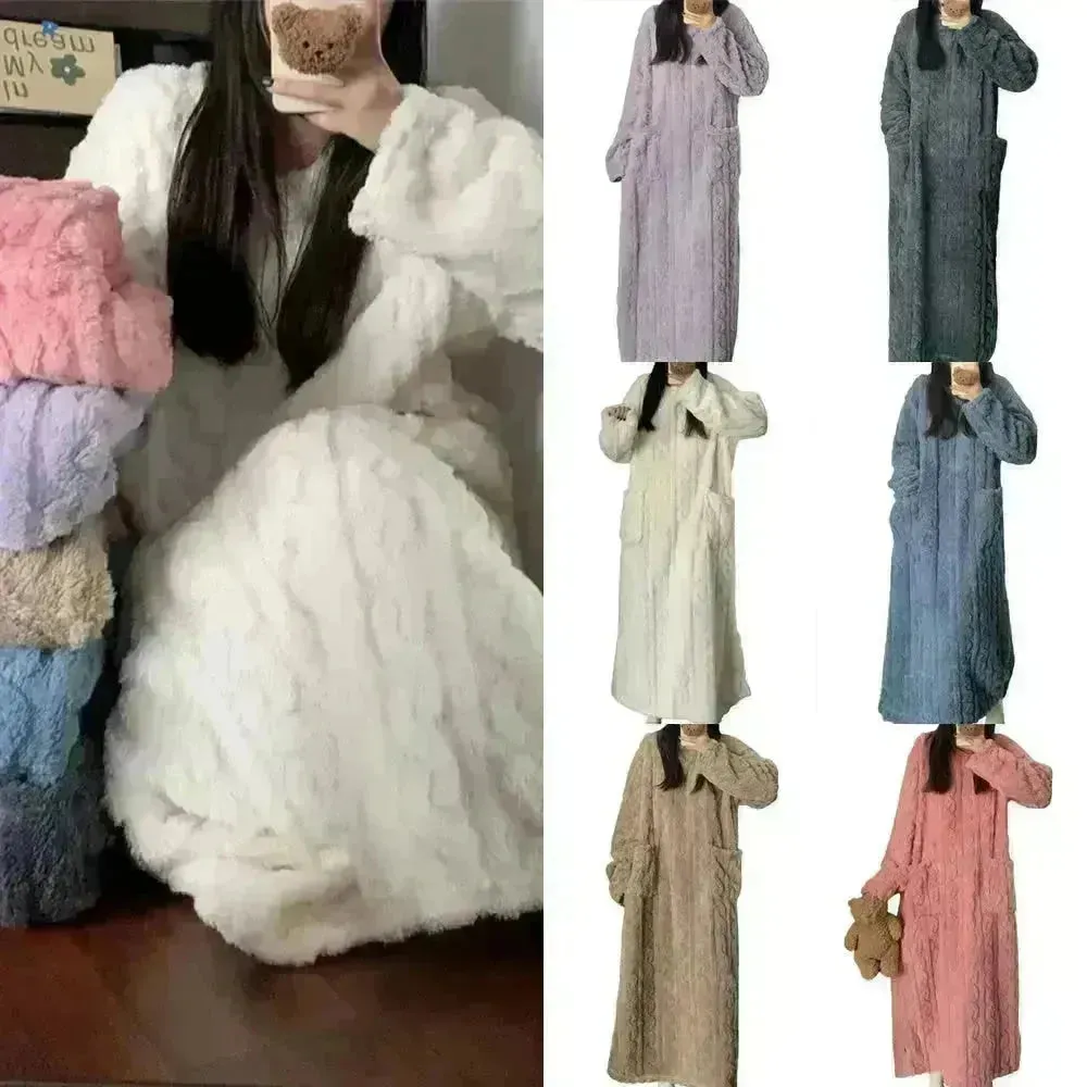 Winter Coral Fleece Sleepwear Women's Nightgown Long Night Dress Pajamas With Pockets Thickened Jacquard Dress Warm Home Clothes