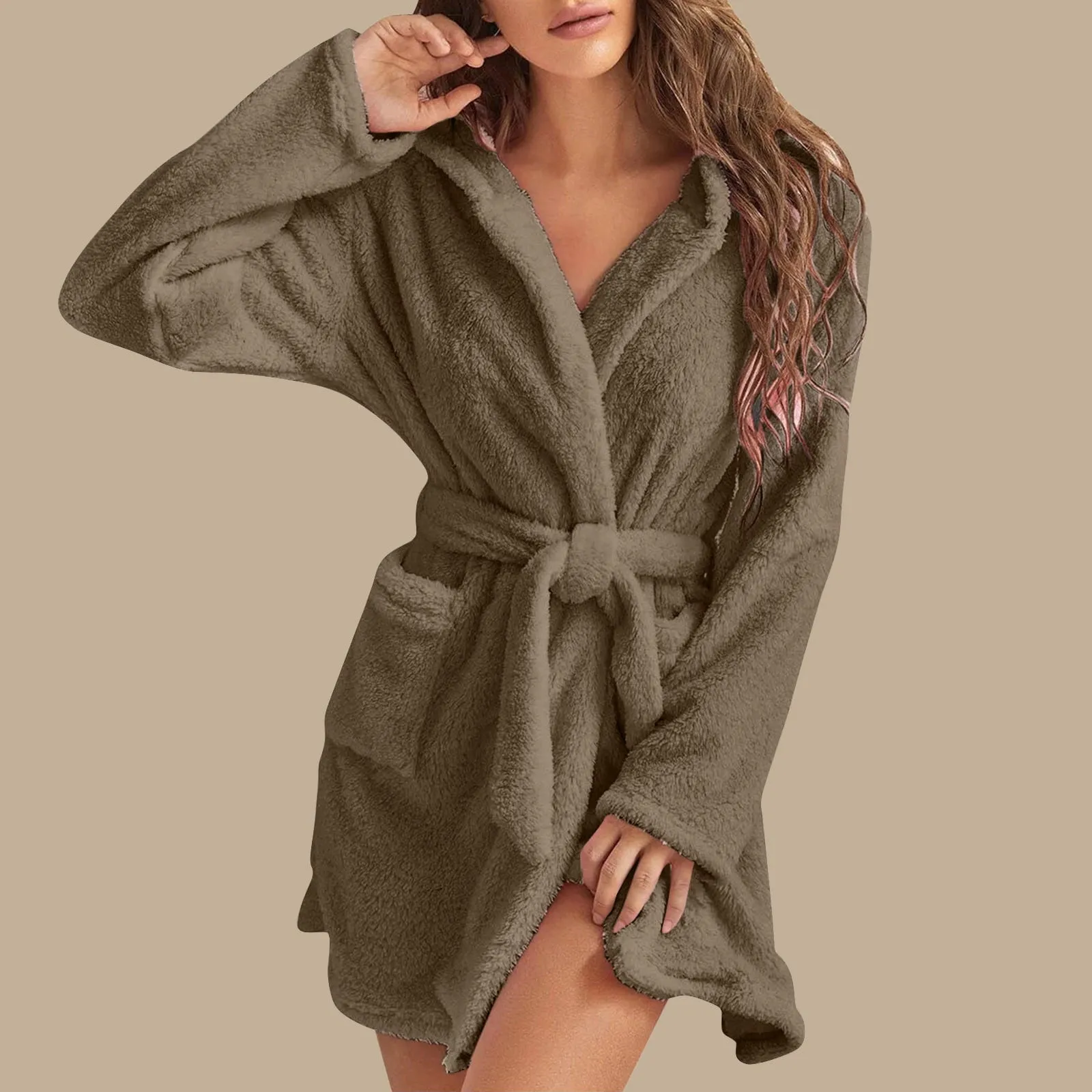 wo-fusoul Fall Fashion 2023 Deals! Bath Robes for Women Womens Plus Size Fleece Hooded Bathrobe Plush Short Robe with Pockets & Belts