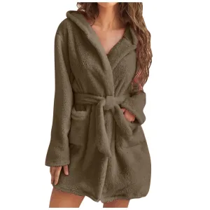 wo-fusoul Fall Fashion 2023 Deals! Bath Robes for Women Womens Plus Size Fleece Hooded Bathrobe Plush Short Robe with Pockets & Belts