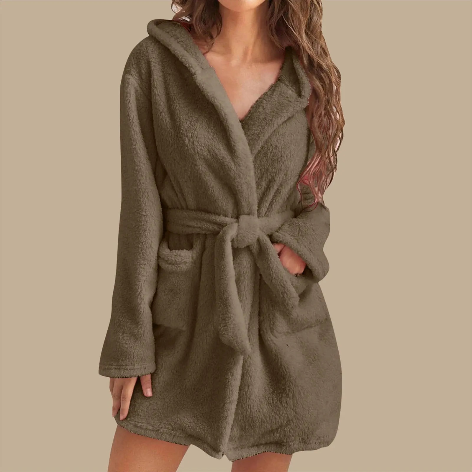 wo-fusoul Fall Fashion 2023 Deals! Bath Robes for Women Womens Plus Size Fleece Hooded Bathrobe Plush Short Robe with Pockets & Belts