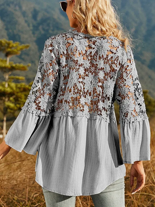Women Hollow Vintage Lace Out Loose Blouse Shirt