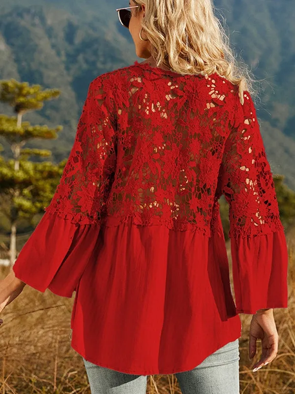 Women Hollow Vintage Lace Out Loose Blouse Shirt