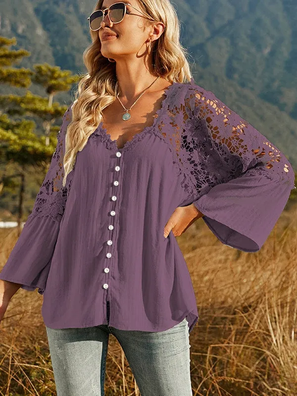 Women Hollow Vintage Lace Out Loose Blouse Shirt