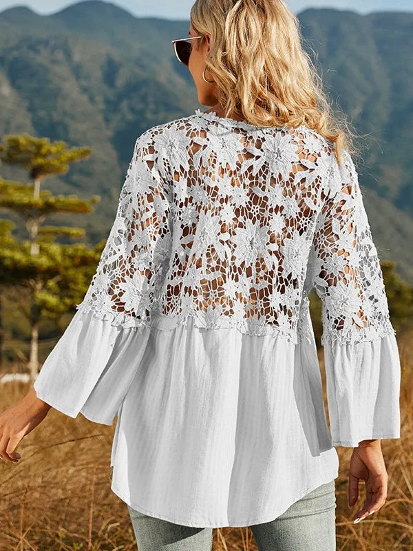 Women Hollow Vintage Lace Out Loose Blouse Shirt