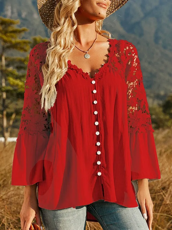 Women Hollow Vintage Lace Out Loose Blouse Shirt