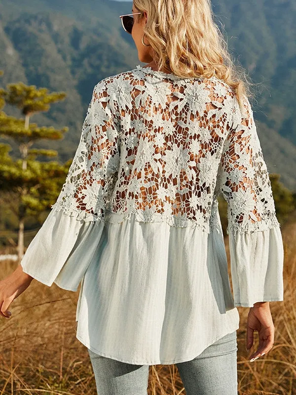 Women Hollow Vintage Lace Out Loose Blouse Shirt