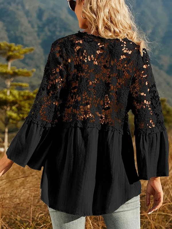 Women Hollow Vintage Lace Out Loose Blouse Shirt