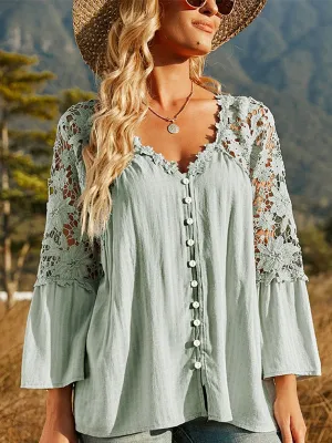 Women Hollow Vintage Lace Out Loose Blouse Shirt