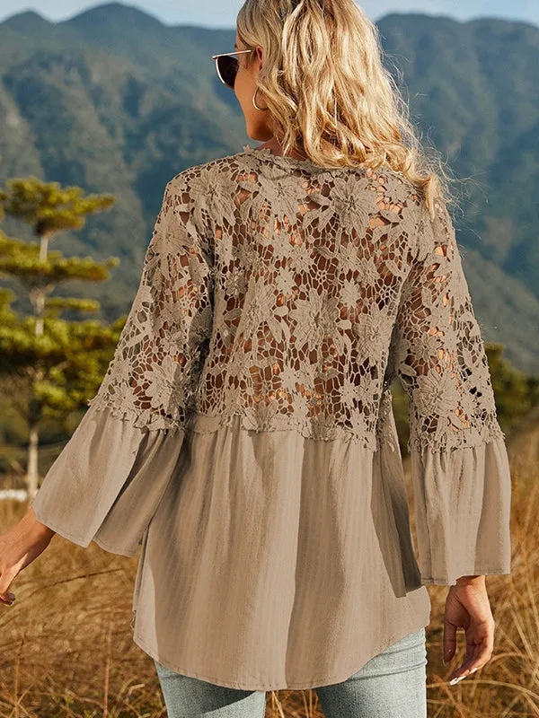 Women Hollow Vintage Lace Out Loose Blouse Shirt