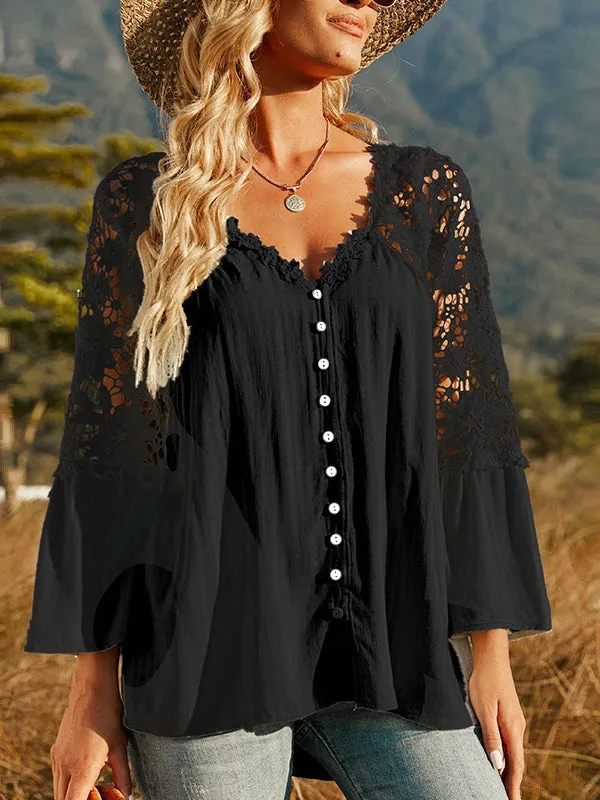 Women Hollow Vintage Lace Out Loose Blouse Shirt