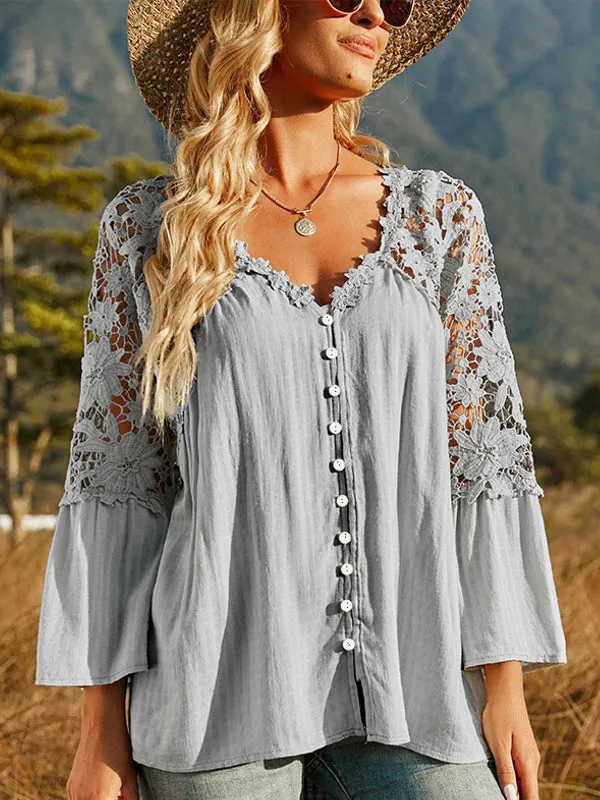 Women Hollow Vintage Lace Out Loose Blouse Shirt