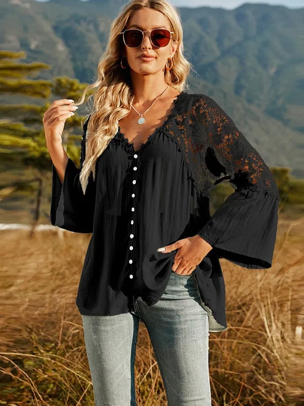 Women Hollow Vintage Lace Out Loose Blouse Shirt