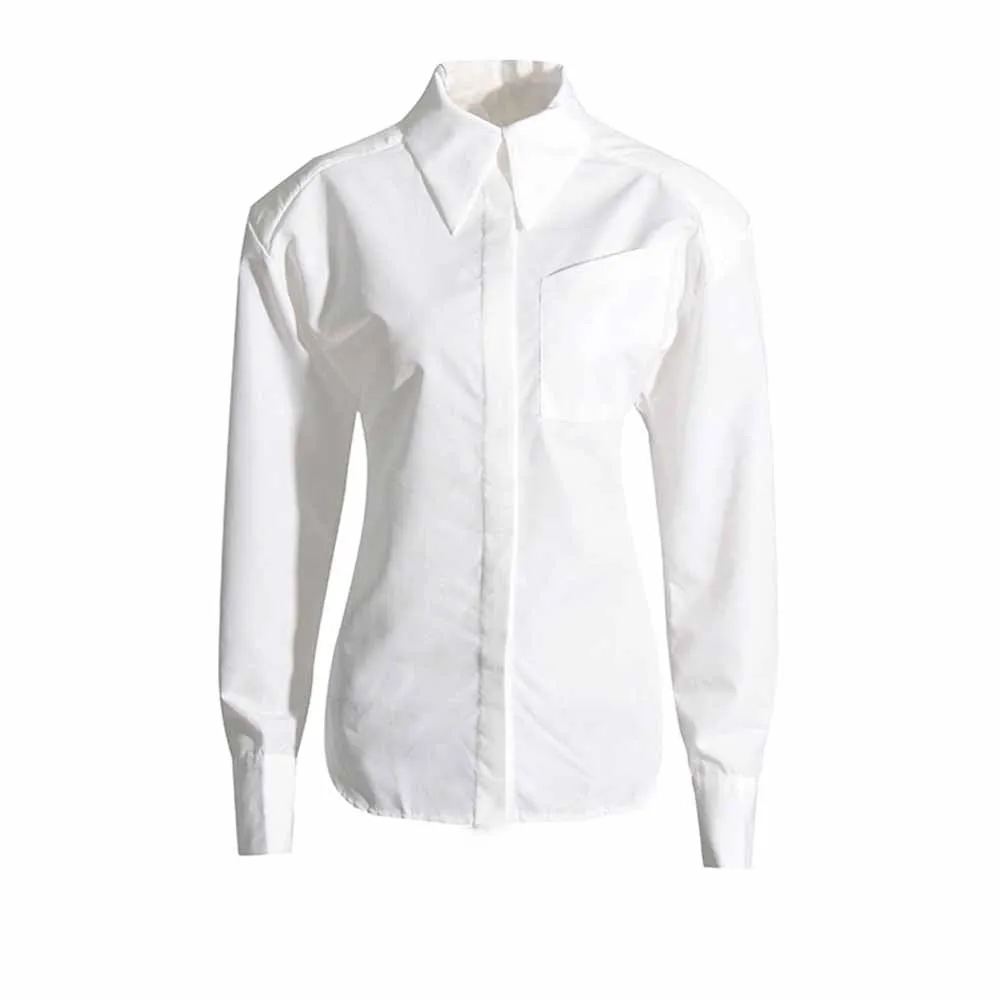 Women White Shirt Blouse Backless Long Sleeves Top