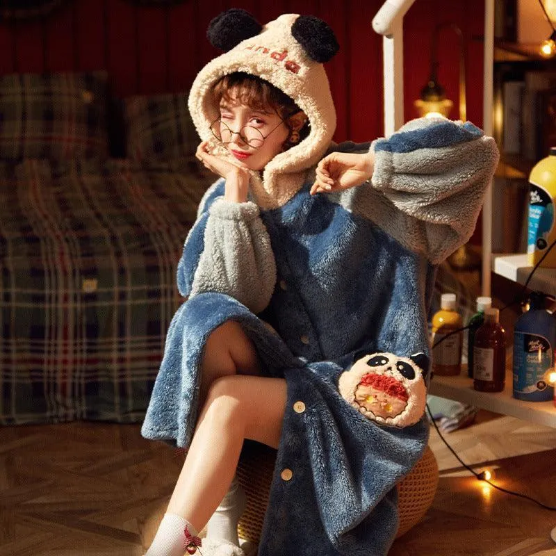 Women's Autumn And Winter Long Thick Hooded Coral Velvet Nightgown