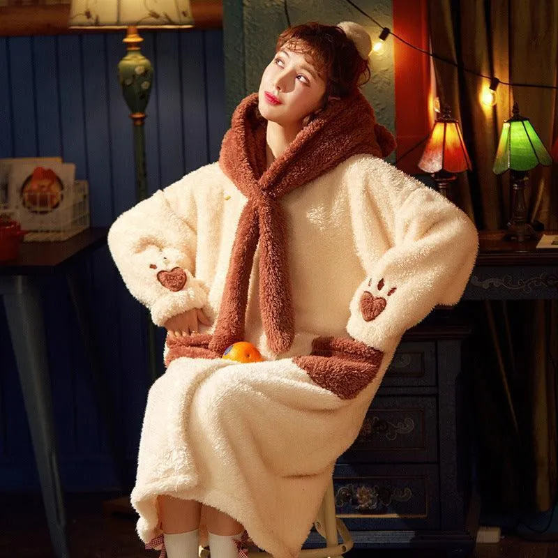 Women's Autumn And Winter Long Thick Hooded Coral Velvet Nightgown
