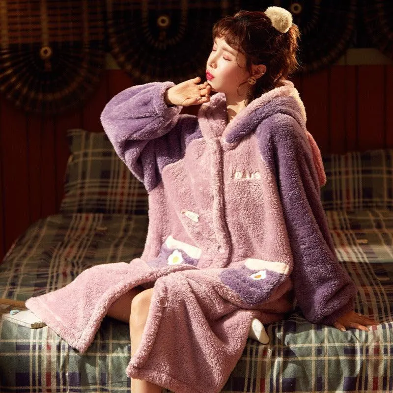 Women's Autumn And Winter Long Thick Hooded Coral Velvet Nightgown