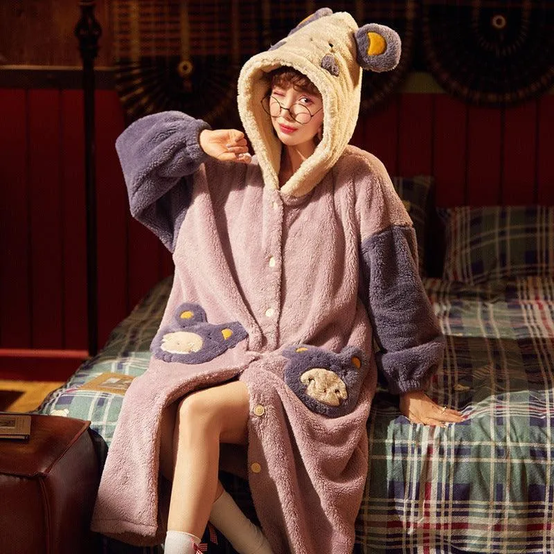 Women's Autumn And Winter Long Thick Hooded Coral Velvet Nightgown