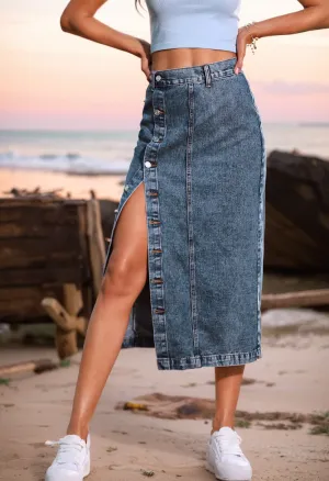 Women’s High Waist Denim Skirt - Trendy Irregular Slit Design