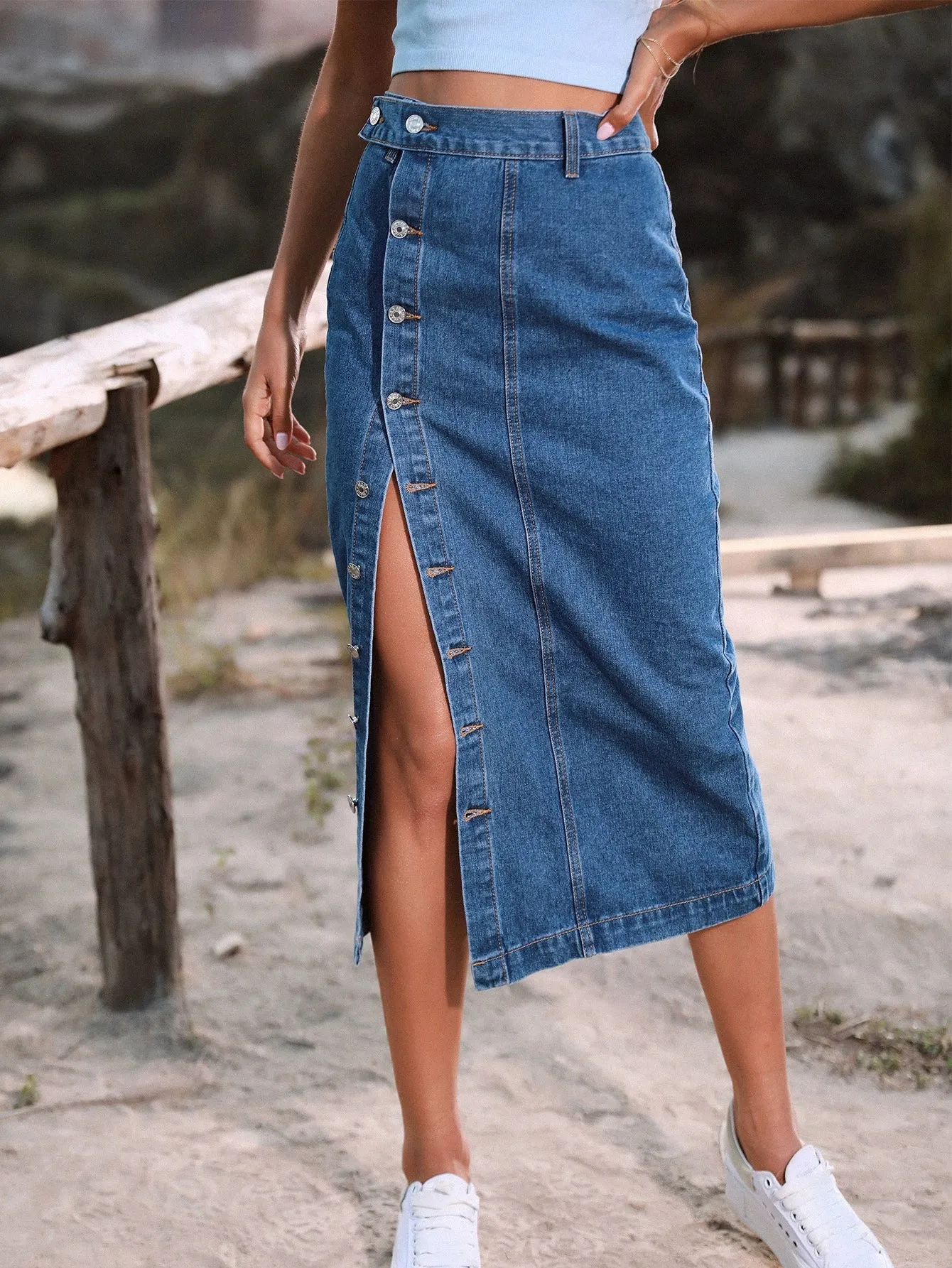 Women’s High Waist Denim Skirt - Trendy Irregular Slit Design