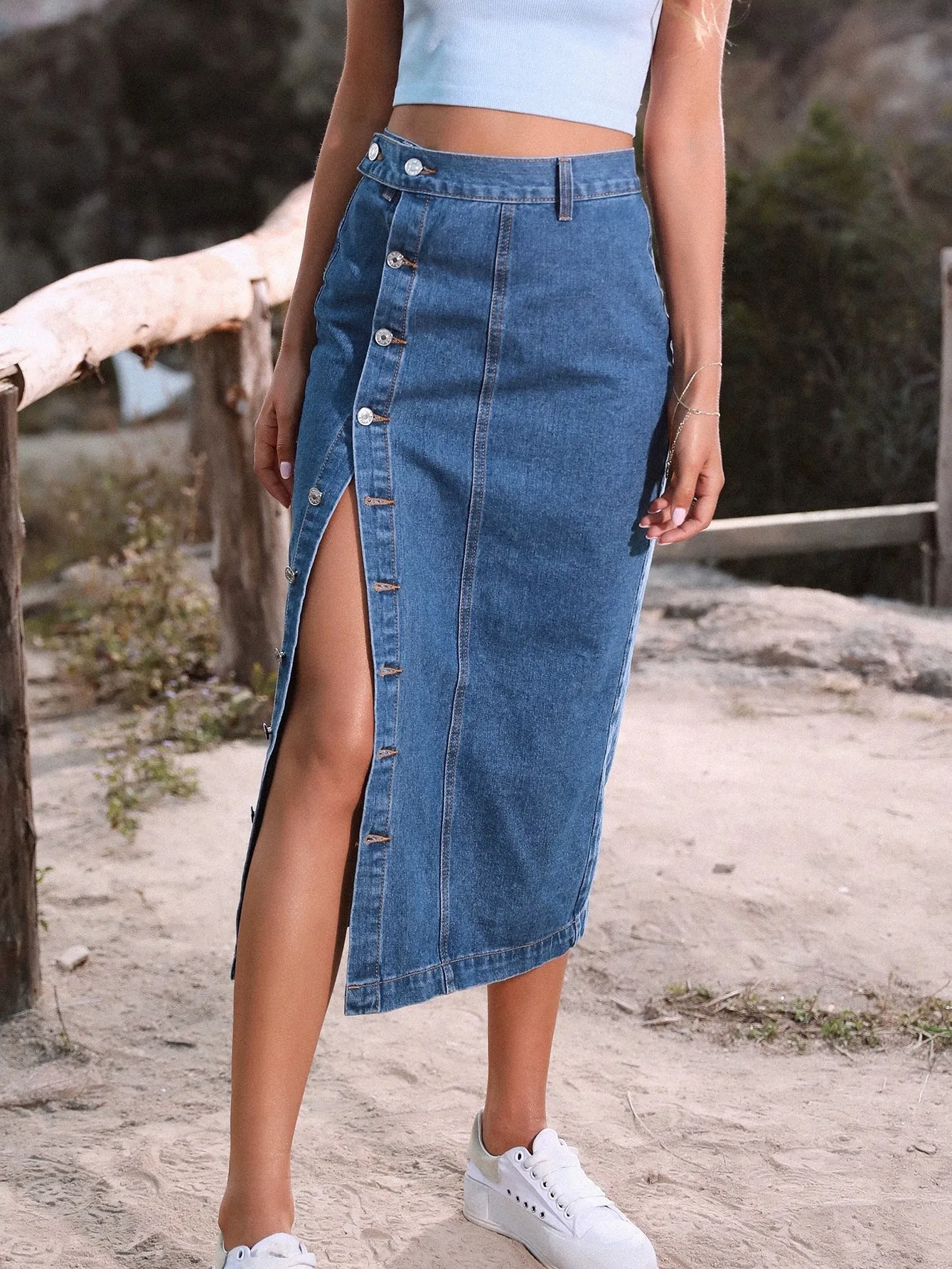 Women’s High Waist Denim Skirt - Trendy Irregular Slit Design