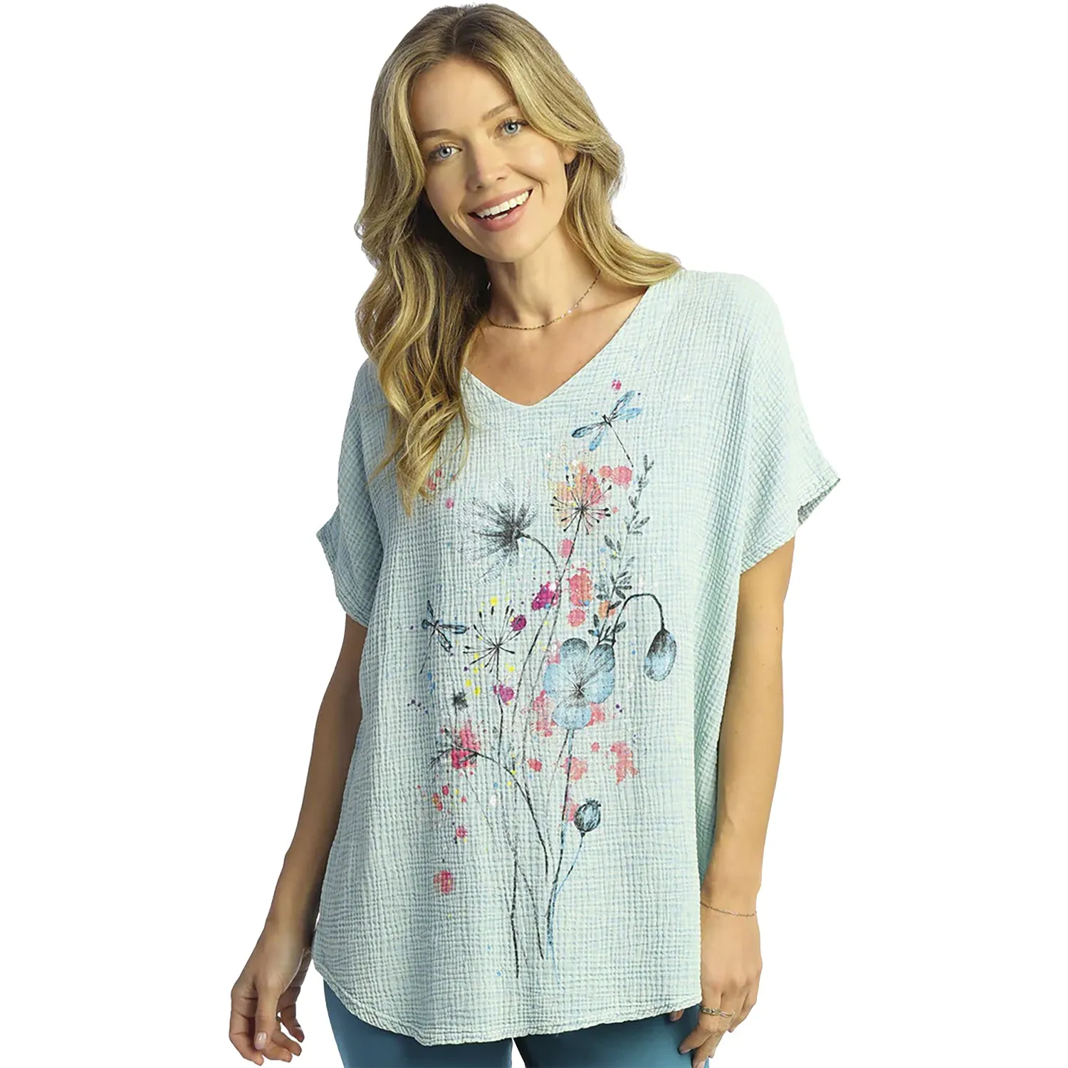 Women's Jess & Jane Mineral Washed Double Gauze Short Sleeve V-Neck Primrose