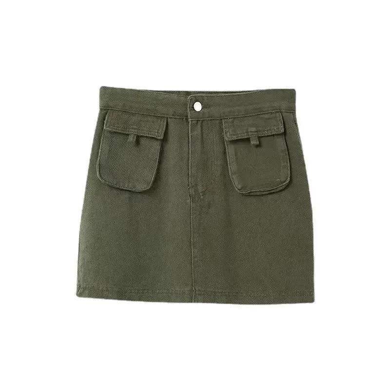 Workwear Denim Skirt Women's A- Line High Waist Mini Cargo Skirt