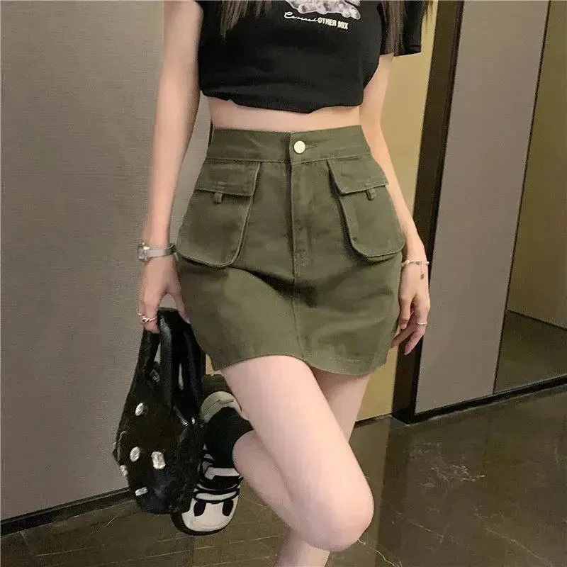 Workwear Denim Skirt Women's A- Line High Waist Mini Cargo Skirt