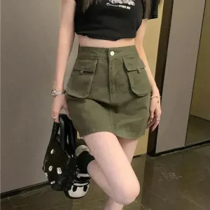 Workwear Denim Skirt Women's A- Line High Waist Mini Cargo Skirt